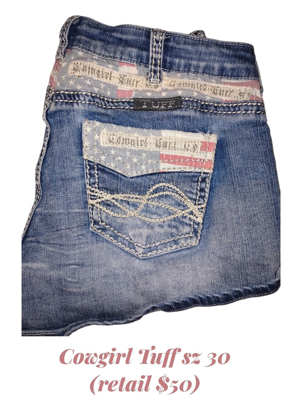 Cowgirl Tuff Women's Denim Bootcut Jeans with Flag Pocket Detail - Blue